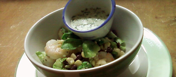A Quick Meal: Black Beans, Corn, Feta Cheese, Cosnes and Shrimp Salad with Cilantro-Yogurt Dressing