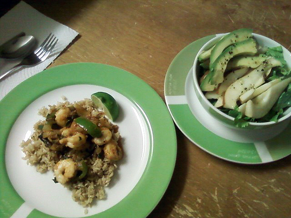 Thai Curry Shrimp with Roasted Eggplant over Brown Rice & Bosc Pear Avocado Salad with Ginger Vinaigrette