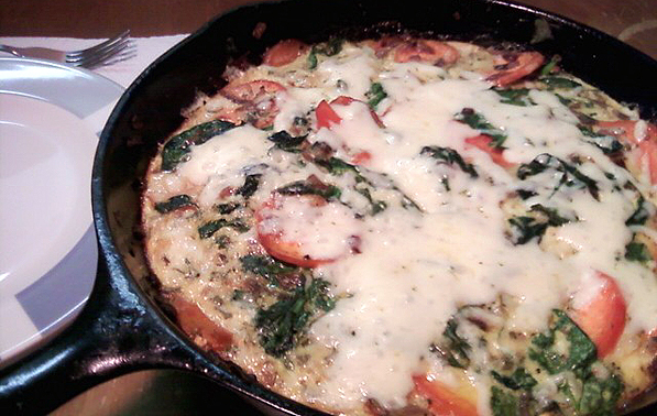 Frittata with Baby Spinach, Sweet Potatoes, Young Fontina Cheese, Red Onions and Fresh Rosemary
