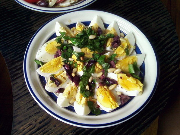 Boiled Eggs, Kalamata Olives and Pine Nuts Salad