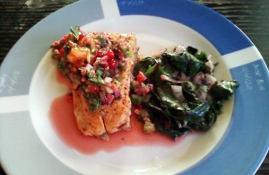 Salmon with Red Currant Salsa served with Sauteed Beet Greens