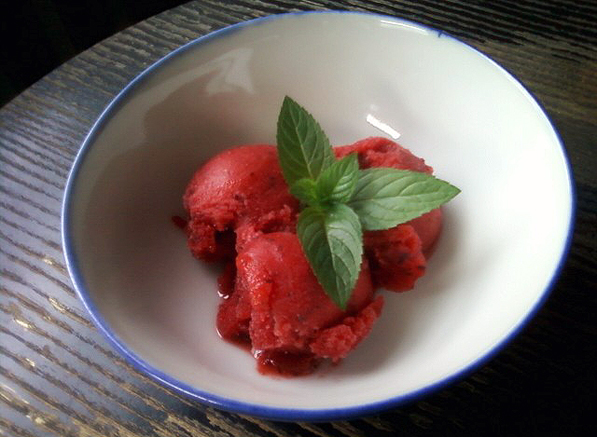 Strawberry Mint Sorbet Garnished with Fresh Mint 