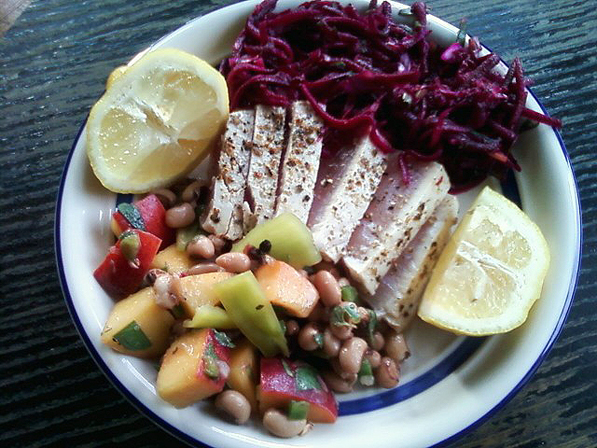 Seared Tuna served with Black-eye Peas with Peach and Raw Grated Beet Salads