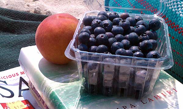 Beach Snack: a Peach and Blueberries