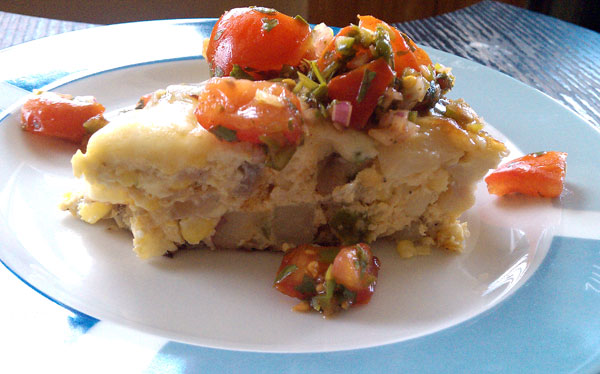 Corn, Green Bell Pepper and Potatoes Frittata Slice with Tomato Salsa