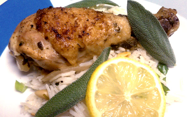 Lemon-Sage Chicken served with Scallions and Pine Nut Rice