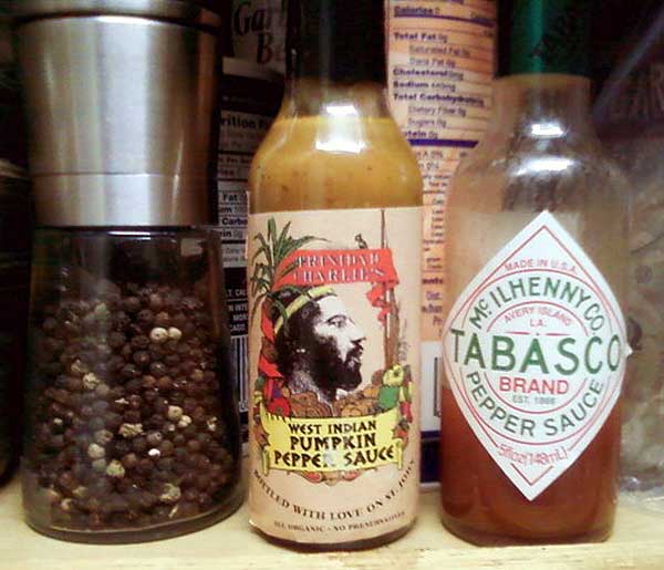 The Spicy Trinity: Fresh Black Pepper, West Indian Pumpkin Pepper Sauce and Classic Tabasco Sauce