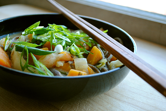 Miso Soup with Sweet Potato, Bok Choy, and Shrimp