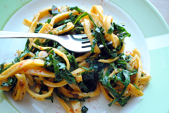 The Simple: Sweet Potato and Rosemary Pasta with Harissa Spiced Stir-Fry Collard Greens