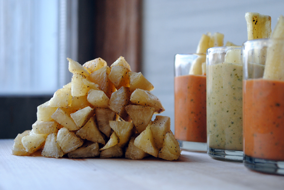 Baked Yucca Fries with Sweet and Spicy Peanut Sauces