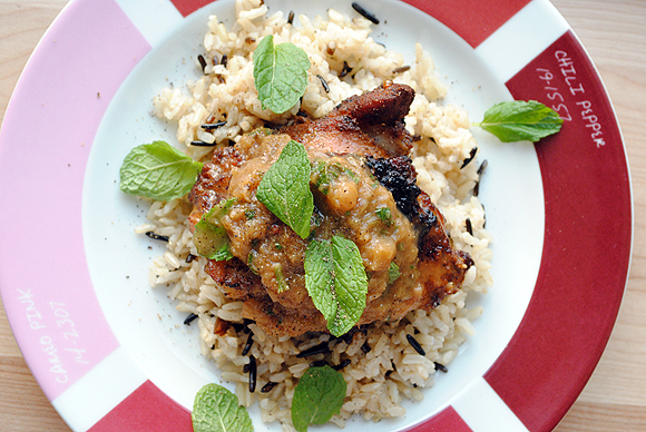 Baked Chicken Thighs with Ginger Rhubarb Sauce over Brown and Wild Rice
