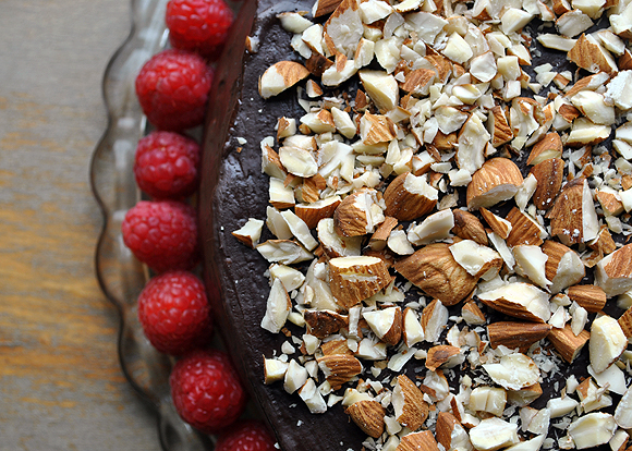 Chocolate Coffee Cake with Almonds and Raspberries