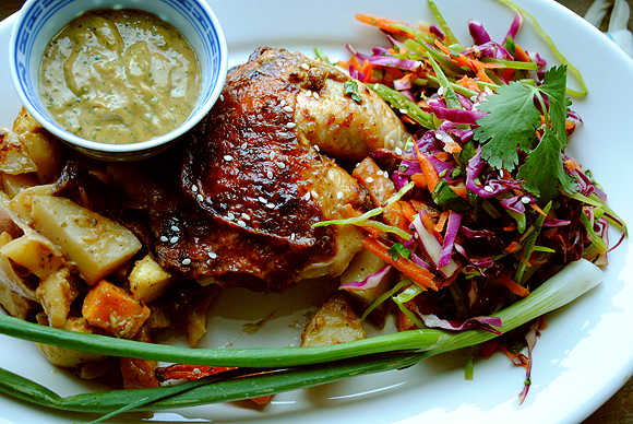 Peanut Butter Roast Chicken and Vegetables (recipe coming soon) served with Red Cabbage and Snow Pea Salad