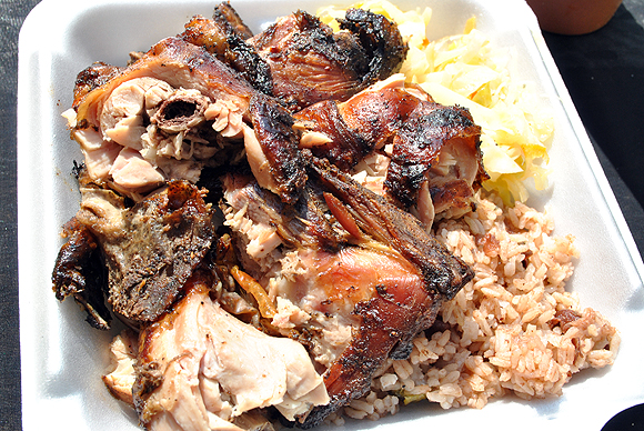 Jerk Chicken, Rice and Peas, and Steamed Cabbage