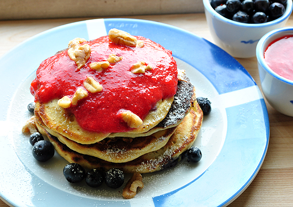 Blueberry Cornmeal Pancakes with Strawberry Puree