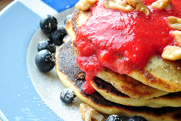 Blueberry Cornmeal Pancakes with Strawberry Puree