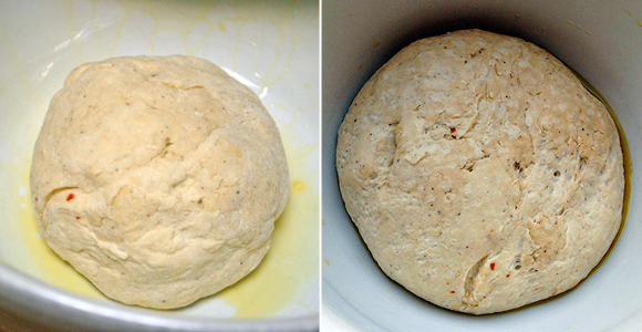 {Left Image} Unrisen dough; {Right Image} Dough after 1 to 2 hours