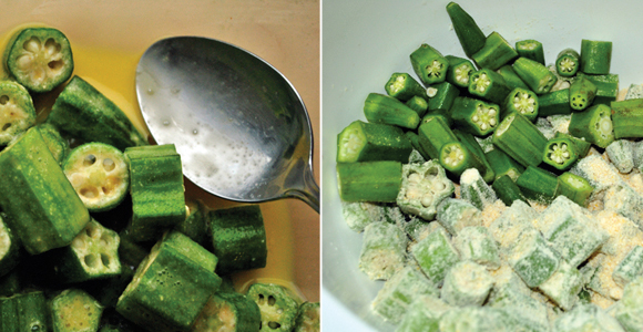 Mixing okra in eggs before adding to cornmeal