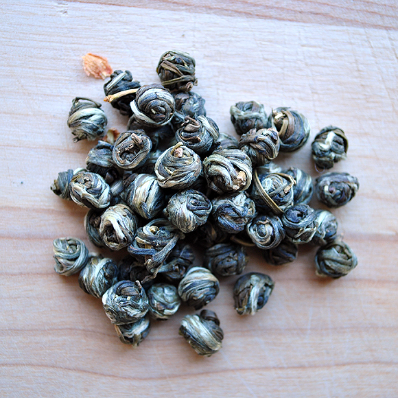 Jasmine Pearls, a green tea from Fujian province, China. Purchase online at TheMeaningofTea.com.