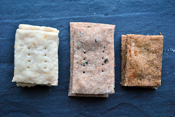 From Left to Right: Lemon, Rosemary Wheat and Cornmeal Chili Crackers