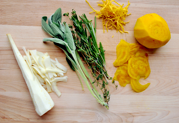 A few ingredients of the Yellow Beet and Parsnip Wheat Pizza