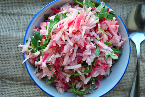 Shredded Kohlrabi, Watermelon Radish and Pear Salad with Arugula