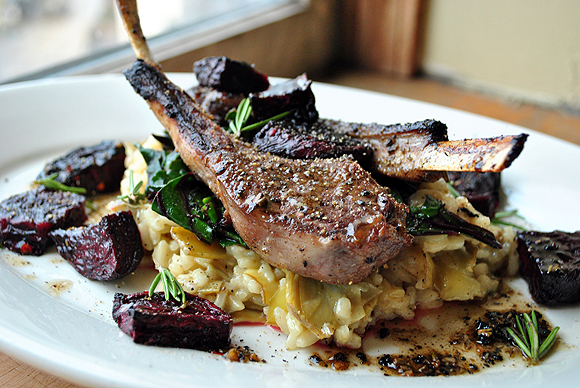 Rosemary Lamb Chops with sauté Beet Greens, Roast Beets and Artichoke Risotto