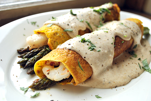 Tarragon Sweet Potato Crepes with Asparagus and Shrimp topped with Parmesan Cream Sauce