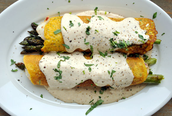 Tarragon Sweet Potato Crepes with Asparagus and Shrimp topped with Parmesan Cream Sauce