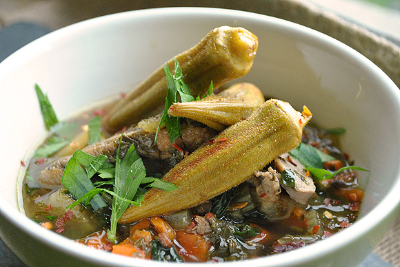 Duck and Turnip Stew with Dandelion Greens Garnished with Pickled Okra