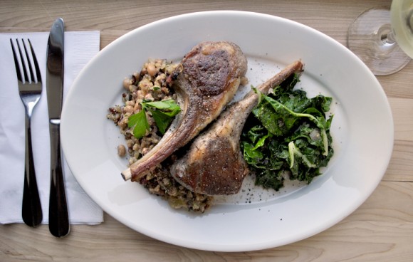 Black-eye Pea and Wild Brown Rice Risotto, Seared Baby Lamb Chops and Saute Swiss Chard