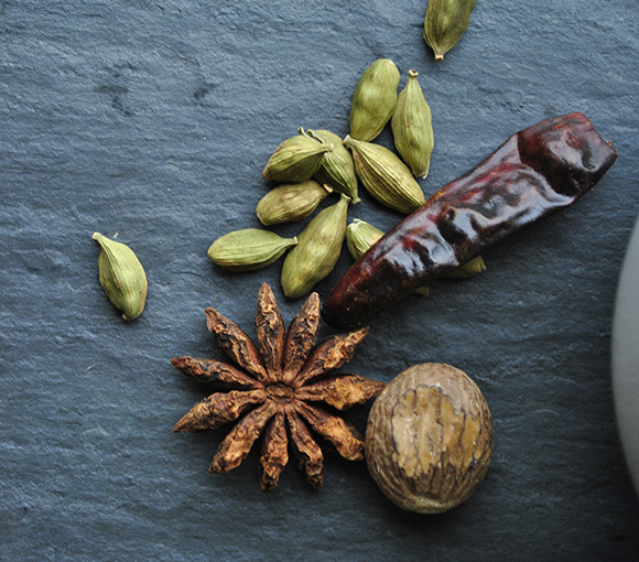 Spices: Cardamon seeds, Star Anise, Nutmeg and Red Chili Pepper