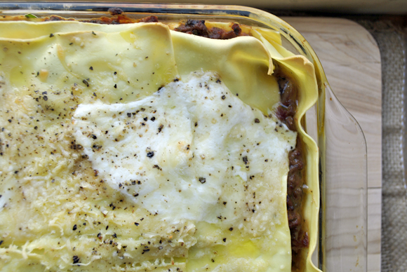 Turkey Bolognese Sauce Lasagna with Ricotta Cheese, Swiss Chard and Mushrooms