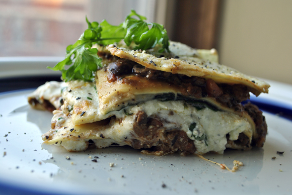 A Classic Turkey Bolognese Sauce Lasagna with Ricotta Cheese, Swiss Chard and Mushrooms