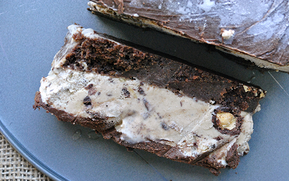 Coffee Almond Ice Cream and Brownie Cake with Chocolate Ganache