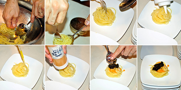 Massimo Bottura of the award-winning Osteria Francescana restaurant prepares a Potato "Pasta" dish with Caviar