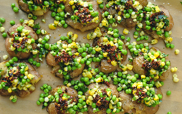Bryant Terry’s Smashed Potatoes, Peas and Corn with Chile-Garlic Oil 