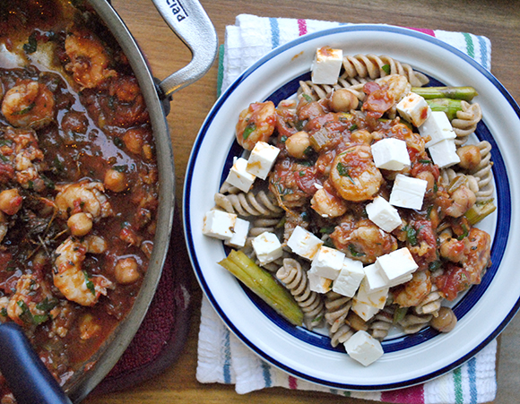 Spicy Tomato Sauce with Shrimp, Chickpea and Roast Asparagus
