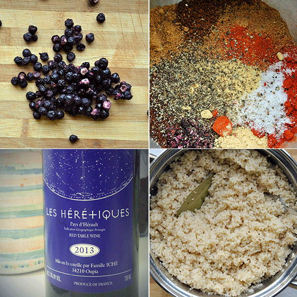Freeze-Dried Blueberries, Blueberry Espresso Spice Mix, Yummy Red wine with hints of Blueberry and fluffy Wholewheat Couscous