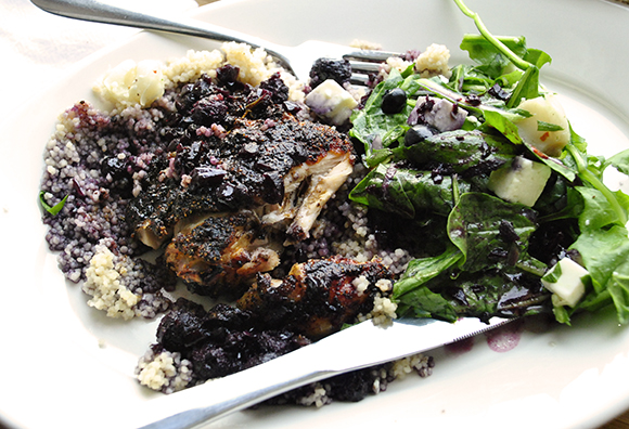 Blueberry Espresso Rubbed Chicken Thighs with Blueberry Hominy Salad with Dandelion Greens