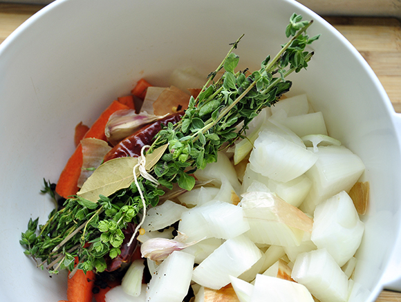Vegetables and Bouquet Garni for Classic Chicken Stock