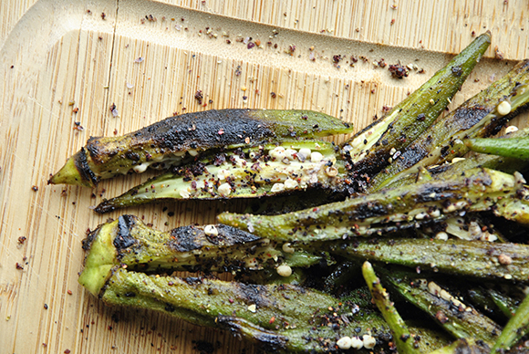 Grilled Okra with Blueberry Spice Rub