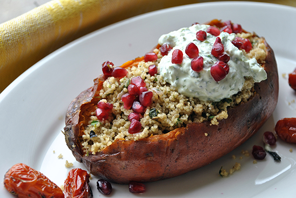Roast Sweet Potatoes Stuffed with Spiced Couscous and Yogurt by Sanura Weathers of "My Life Runs On Food."