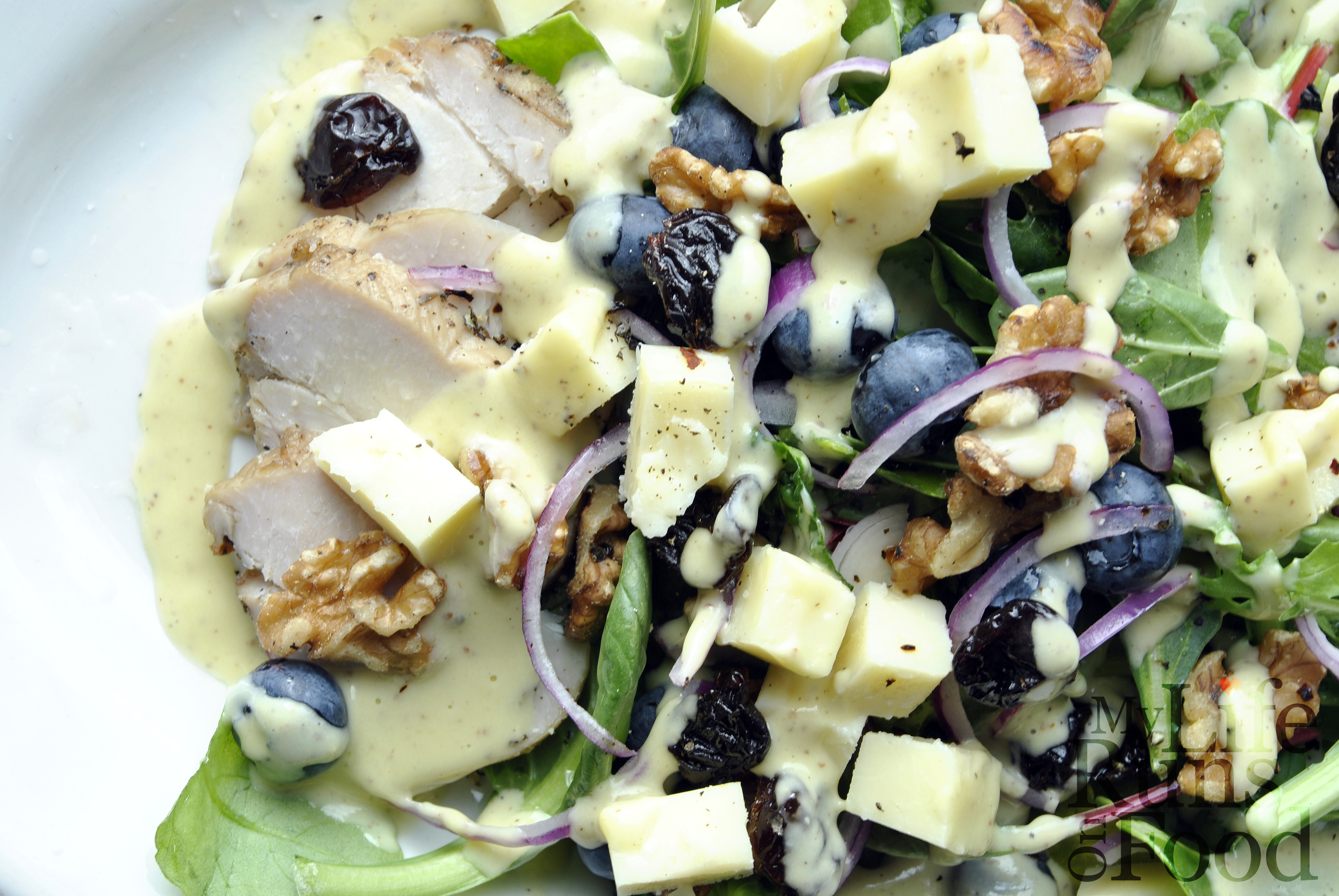 Cheddar and Smoked Chicken Salad with Creamy Roasted Shallot Vinaigrette