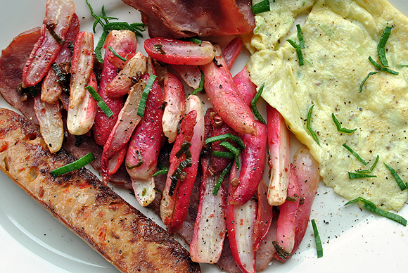 Roast French Breakfast Radishes with Pink Peppercorns and Garlic Chives served with Chicken Sausages, Turkey Bacon, and a Cheddar Cheese Omelet