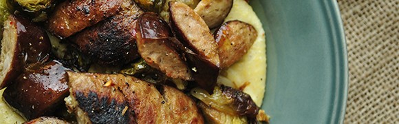 Creamy Cheesy Yellow Grits with Roast Brussel Sprouts and Sausage